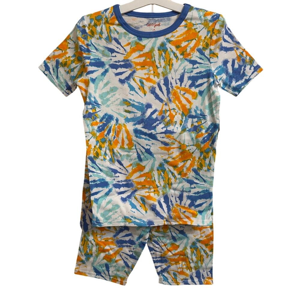 Cat & Jack Girls NWT 2PC Pajama Set Size 14 Blue Orange Tie Dye Cotton Sleepwear